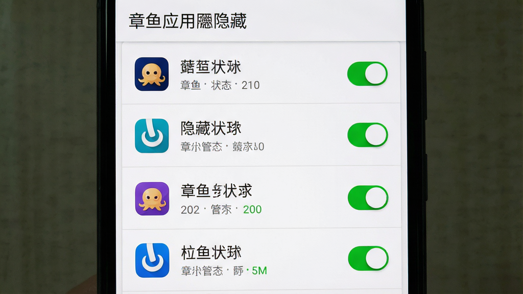 章鱼应用隐藏后台管控界面展示图,画面展示一部安卓手机屏幕,屏幕上显示后台运行管理列表,包含多个应用的开关按钮和状态指示,界面顶部有“章鱼应用隐藏”标题栏,布局为垂直列表排列,风格为简洁设置界面风,细节包括开关按钮的绿色高亮、列表项之间的浅色分隔线、背景的白色卡片式设计,画质清晰,干净,无多余元素