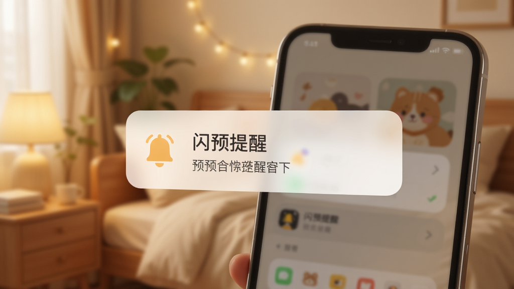 一张表现闪预个性化提醒功能的图片,画面展示手机屏幕弹出温和的提醒通知卡片,卡片上有铃铛图标和简短文字,背景为暖色调的居家环境虚化,风格温馨简洁,细节柔和,画质干净,无多余元素,图片中文字标注“闪预提醒”