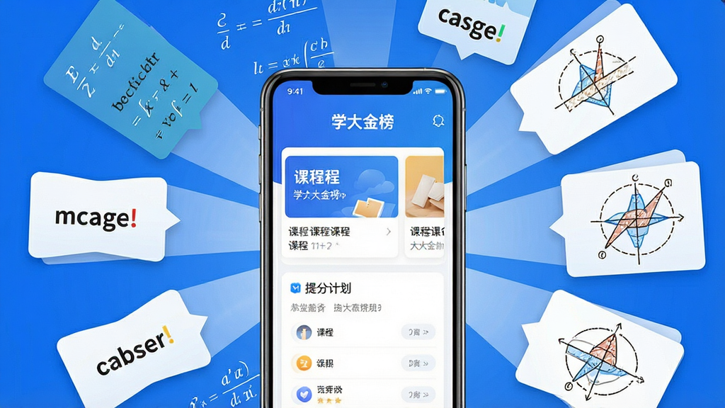 一张展示学大金榜App核心界面的场景图,主体是一部智能手机屏幕亮起显示学大金榜首页,屏幕周围环绕着数学公式、英语单词卡片、物理力学示意图等学习元素,布局采用中心放射式构图,风格为现代科技教育风,细节上手机界面清晰呈现课程卡片与提分计划模块,画质高清干净无多余元素,整体色调以蓝色与白色为主