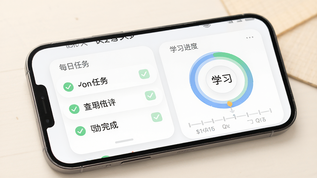 一张展示学大金榜个性化学习计划功能的场景图,主体为手机屏幕显示每日任务清单与学习进度环形图,布局采用卡片式信息流,风格为柔和圆角教育风,细节上包含完成打勾标记与时间轴设计,画质高清干净无多余元素