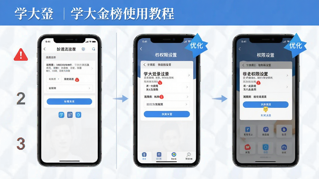 一张展示学大金榜使用教程的步骤示意图,主体为手机屏幕显示注册登录流程与权限设置界面,布局采用左右分栏左侧为步骤序号右侧为对应界面截图,风格为扁平化教学风,细节上包含红色警示标记与蓝色优化提示图标,画质高清干净无多余元素