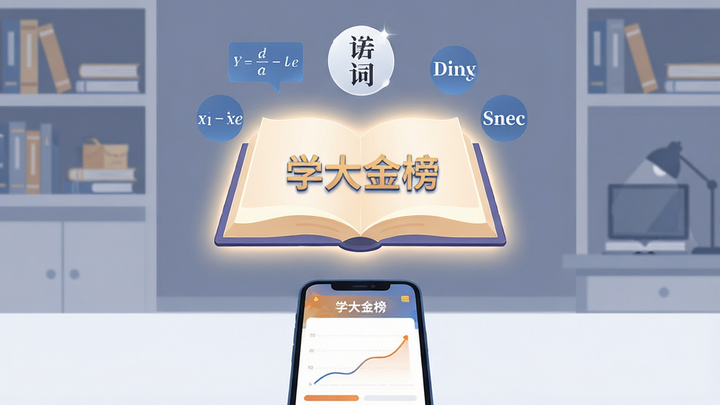 一张展现学大金榜核心全貌的插画,画面主体是一本悬浮发光的智能书本,书本上方漂浮着数学公式、语文诗词和英语单词的图标,书本下方是一部智能手机屏幕,屏幕里显示着学大金榜的界面和成绩提升的曲线图,背景是简洁的书房环境,布局居中对称,风格是现代扁平科技风,细节上书本边缘有柔和的光晕,画质清晰干净,无多余元素,图片中文字标注“学大金榜”。