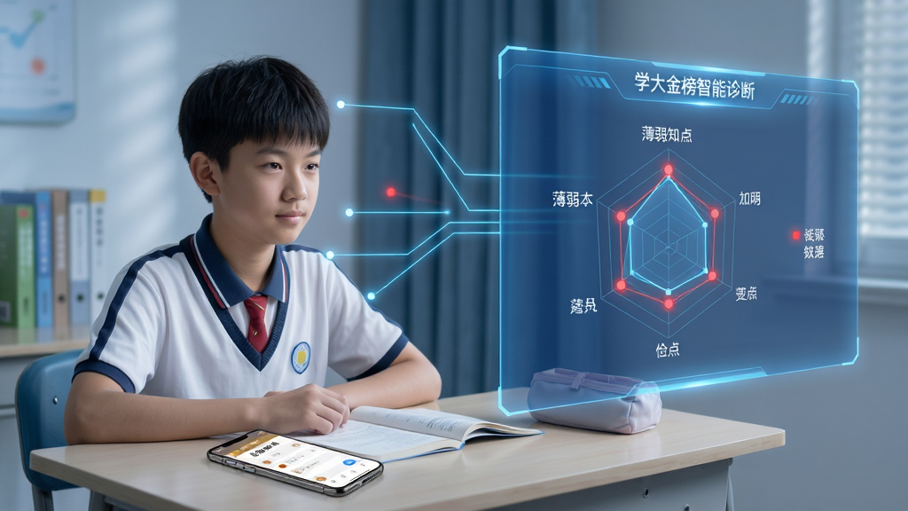 一张展示学大金榜智能诊断功能的AI生图,画面主体是一位中学生坐在书桌前,面前悬浮着一块半透明的蓝色数据面板,面板上显示着雷达图和红色的薄弱知识点标记,手机屏幕放在桌面上正显示“学大金榜”的错题本界面,布局采用左右结构,左边是学生,右边是数据面板,风格是未来科技教育风,细节上数据面板有发光的线条连接,画质高清,干净无杂物。