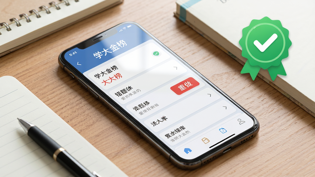 一张展示学大金榜错题本功能的AI生图,画面主体是一部智能手机斜放在木质桌面上,手机屏幕显示着学大金榜的错题本列表,列表旁边有一个红色的“重做”按钮,手机周围散落着几本笔记本和一支笔,画面右上角漂浮着一个打勾的绿色徽章图标,布局采用对角线构图,风格是清新写实风,细节上手机屏幕有轻微的反光,画质细腻,干净整洁。