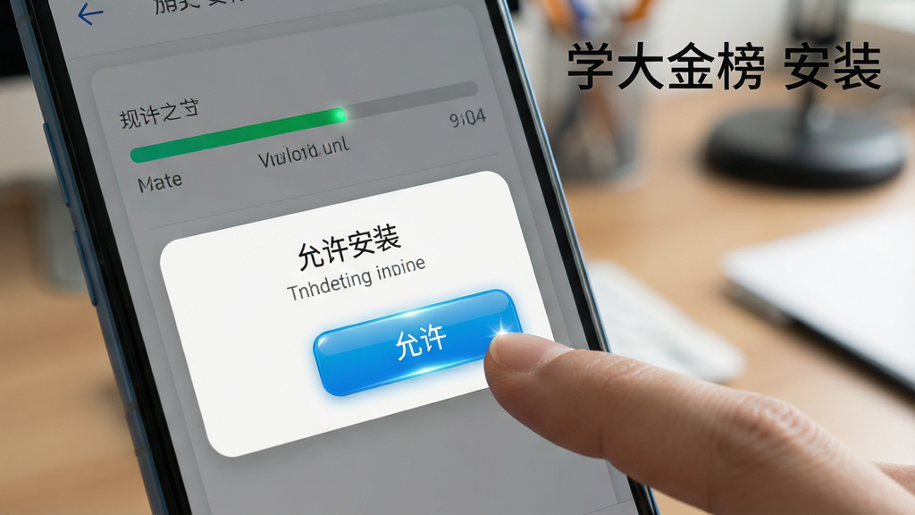 一张展示学大金榜移动端安装步骤的AI生图,画面主体是一部安卓手机屏幕特写,屏幕上显示着安装进度条和“允许安装”的弹窗提示,手机旁边有一个手指正在点击“允许”按钮,背景是模糊的书桌环境,布局采用微距特写构图,风格是简洁科技风,细节上按钮有高光效果,画质清晰,干净无多余元素,图片中文字标注“学大金榜 安装”。