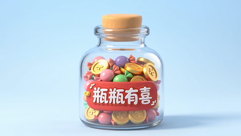 主体为一个透明玻璃瓶,瓶内装满彩色糖果与金币,瓶身贴有红色标签写着“瓶瓶有喜”,背景为浅蓝色渐变,布局居中,排版简洁,风格为3D卡通渲染,细节包含柔和光影与高光反射,画质高清,干净,无多余元素