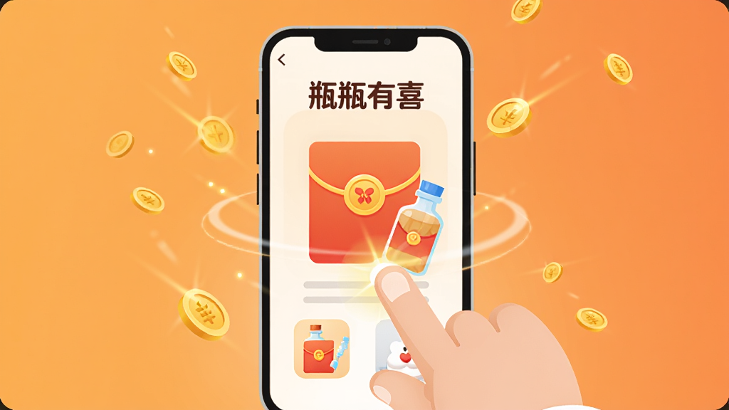主体为一只卡通手正在点击手机屏幕,屏幕中显示“瓶瓶有喜”应用界面,界面内有红包图标和瓶子图案,布局为手机居中,背景为暖橙色渐变,风格为扁平插画,细节包含动态光效与金币散落,画质高清,干净,无多余元素