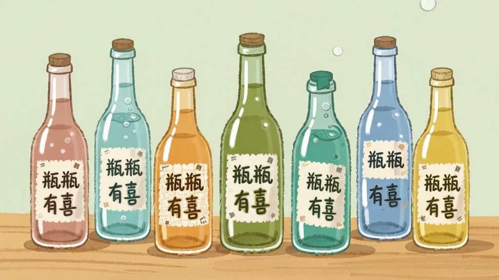 主体为多个不同颜色和形状的玻璃瓶排列在木质桌面上,瓶身分别标注“瓶瓶有喜”字样,布局为错落有致,背景为浅绿色墙面,风格为清新手绘,细节包含瓶内液体气泡与标签纹理,画质高清,干净,无多余元素