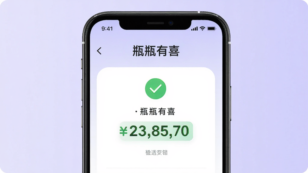 主体为手机屏幕特写,显示“瓶瓶有喜”提现成功页面,布局为手机竖直居中,背景为浅紫色渐变,风格为现代UI设计,细节包含绿色对勾图标与金额数字高亮,画质高清,干净,无多余元素