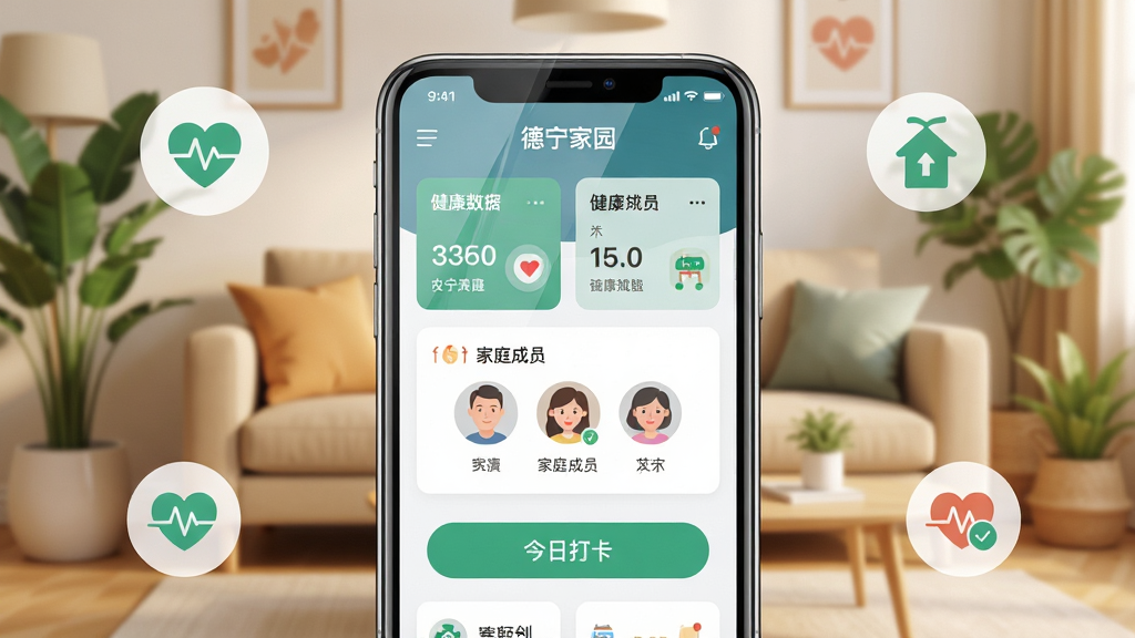 德宁家园手机应用主界面展示图,画面中央是一部智能手机,屏幕显示德宁家园APP首页,包含健康数据卡片、家庭成员头像、今日打卡按钮等元素,背景为温馨的家庭客厅场景,布局采用居中构图,风格为现代扁平化设计,细节上手机屏幕有轻微反光,周围点缀绿植与健康图标,画质清晰明亮,干净整洁,无多余元素