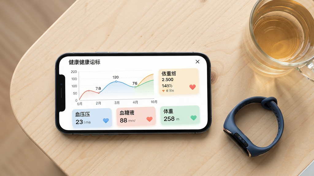 德宁家园健康数据记录功能展示图,画面中一部手机横屏展示,屏幕内显示血压、血糖、体重等健康指标折线图与数据卡片,图表色彩柔和清晰,手机旁放置一个智能手环与一杯温水,背景为浅色木质桌面,布局为俯视视角,风格简约清新,细节上图表数据标注明确,画质高清,干净无杂乱元素