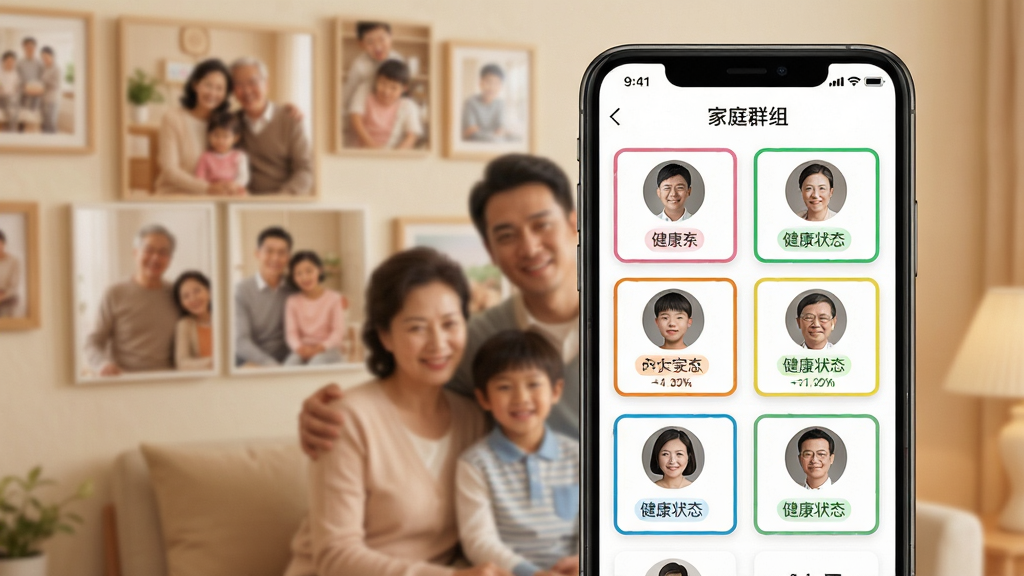 德宁家园家庭成员管理界面展示图,画面中一部手机屏幕显示家庭群组页面,包含多位家庭成员头像卡片与健康状态标签,背景为温馨的家庭合照墙面,布局为居中特写,风格温暖柔和,细节上头像卡片有彩色边框,画质清晰,干净整洁,无多余装饰