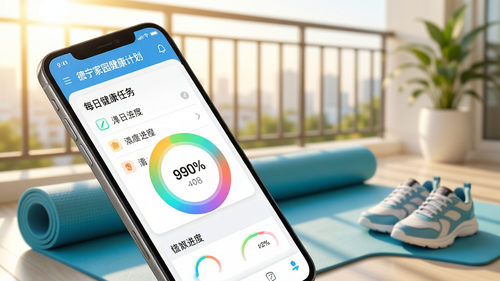 德宁家园健康计划定制页面展示图,画面中手机屏幕显示每日健康任务清单与进度环,背景为清晨阳台场景,有瑜伽垫与运动鞋,布局为斜侧视角,风格活力明亮,细节上进度环有渐变色彩,画质清晰,干净无多余元素