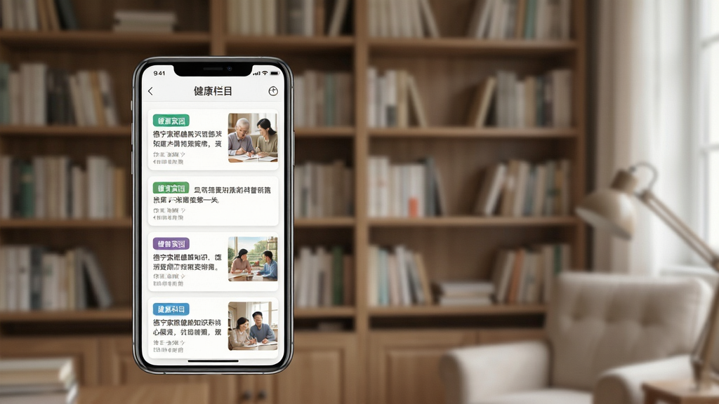 德宁家园健康知识科普栏目展示图,画面中手机屏幕显示健康文章列表与配图,背景为书房书架场景,布局为居中构图,风格知性文雅,细节上文章卡片有分类标签,画质清晰,干净整洁,无多余元素
