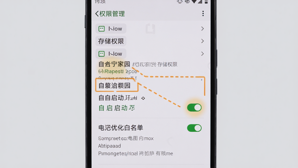 德宁家园安卓手机安装设置界面截图,画面中手机显示权限管理页面与电池优化白名单设置项,背景为纯色浅灰,布局为居中特写,风格简洁直观,细节上高亮标注存储权限与自启动开关,画质清晰,干净无多余元素