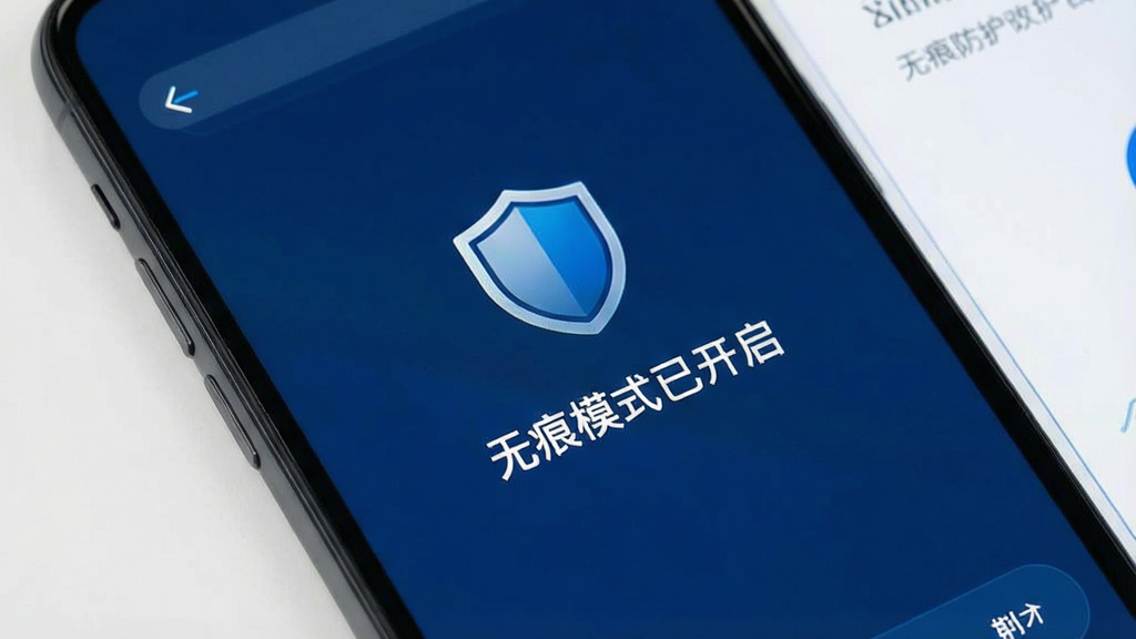 手机屏幕显示隐私防护设置界面,带有盾牌图标与“无痕模式已开启”字样,界面采用深蓝色调,布局清晰,图标简洁,风格安全稳重,细节锐利,画质干净,无多余元素