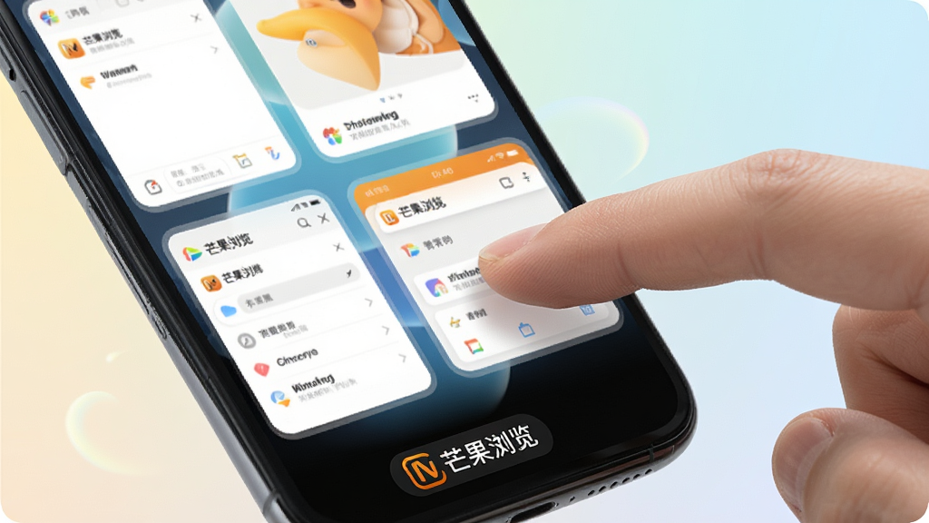 手机屏幕展示多个浏览器标签页卡片式排列,手指正在滑动切换标签,界面带有“芒果浏览”底部标识,背景为浅色渐变,构图动感,风格流畅轻快,细节清晰,画质干净,无多余元素