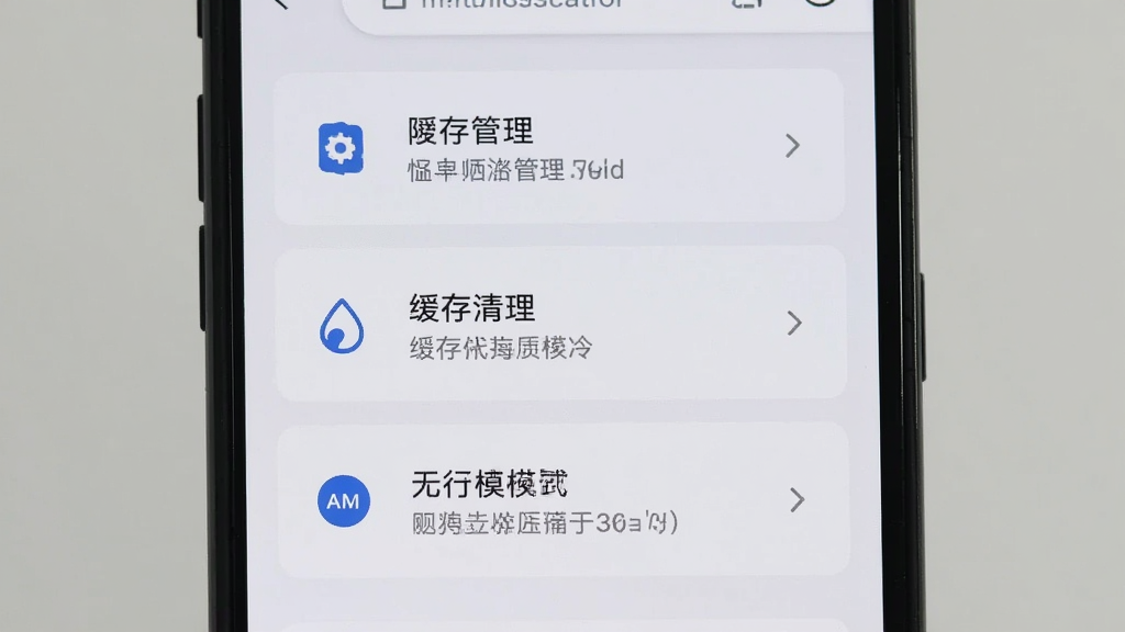 手机屏幕显示浏览器设置界面,包含权限管理、缓存清理、无痕模式等选项,界面采用浅色卡片式布局,图标简洁,背景干净,风格实用清晰,画质干净,无多余元素