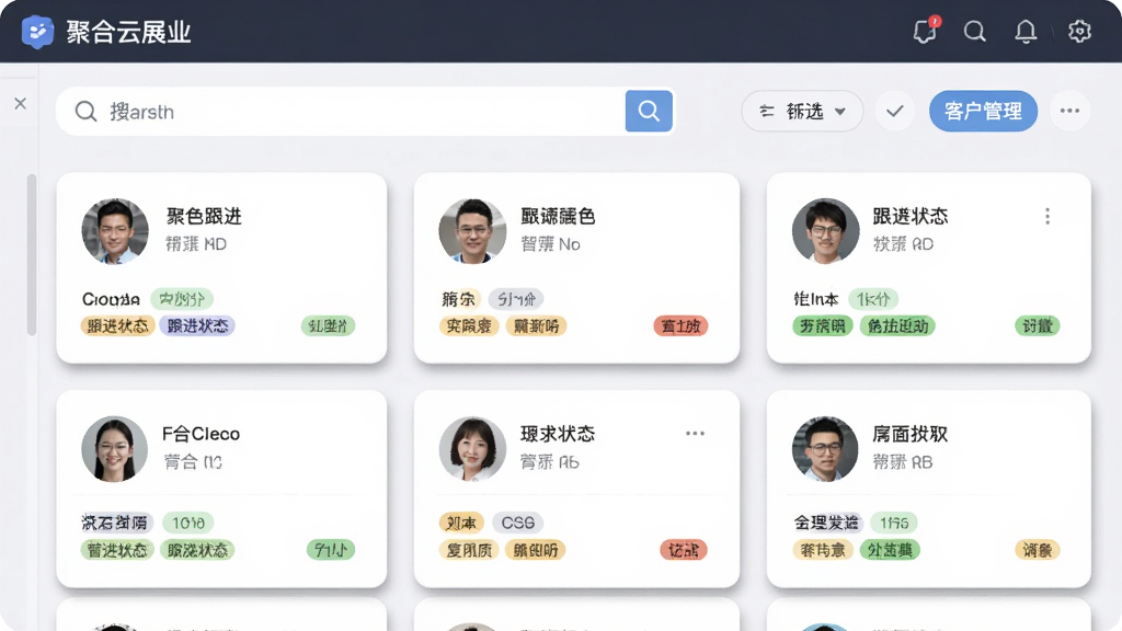 画面主体为聚合云展业版的客户管理界面截图,界面中显示多个客户头像卡片和跟进状态标签,布局为上下分栏式,上方为搜索框和筛选按钮,下方为卡片列表,风格为简约商务风,细节上卡片带有阴影和圆角,状态标签用不同颜色区分,画质高清,干净无多余元素
