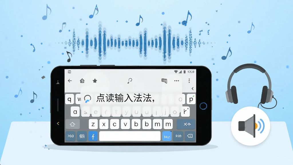 点读播报输入法实时语音播报功能展示,画面中一部安卓手机横置于桌面,手机屏幕显示输入法正在播报文字,屏幕上方有醒目的声波扩散图形,手机旁边放置一副耳机与一个小喇叭图标,背景为浅蓝色渐变,布局为左右对称,风格为科技感扁平插画,细节包括音符粒子飘散效果、键盘按键高亮状态,画质高清,干净,无多余元素