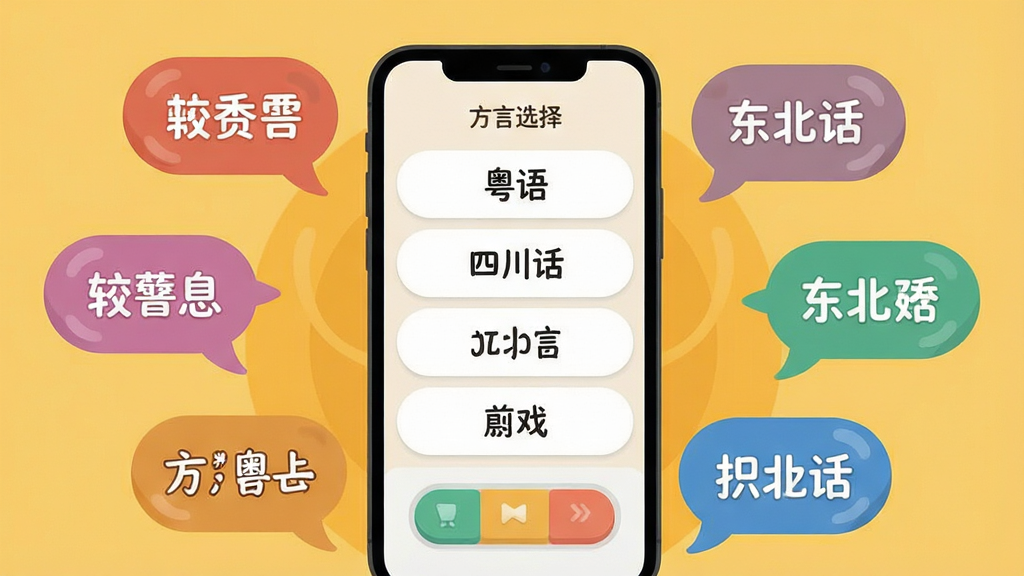 点读播报输入法多方言语音识别功能展示,画面中央是一部手机,手机屏幕显示方言选择菜单,菜单中列出粤语、四川话、东北话等选项,手机周围环绕着不同颜色的对话气泡,每个气泡内写着方言词汇,背景为暖黄色调,布局为环绕式构图,风格为卡通扁平化设计,细节包括气泡内的文字清晰可读、手机界面按钮圆润,画质高清,干净,无多余元素