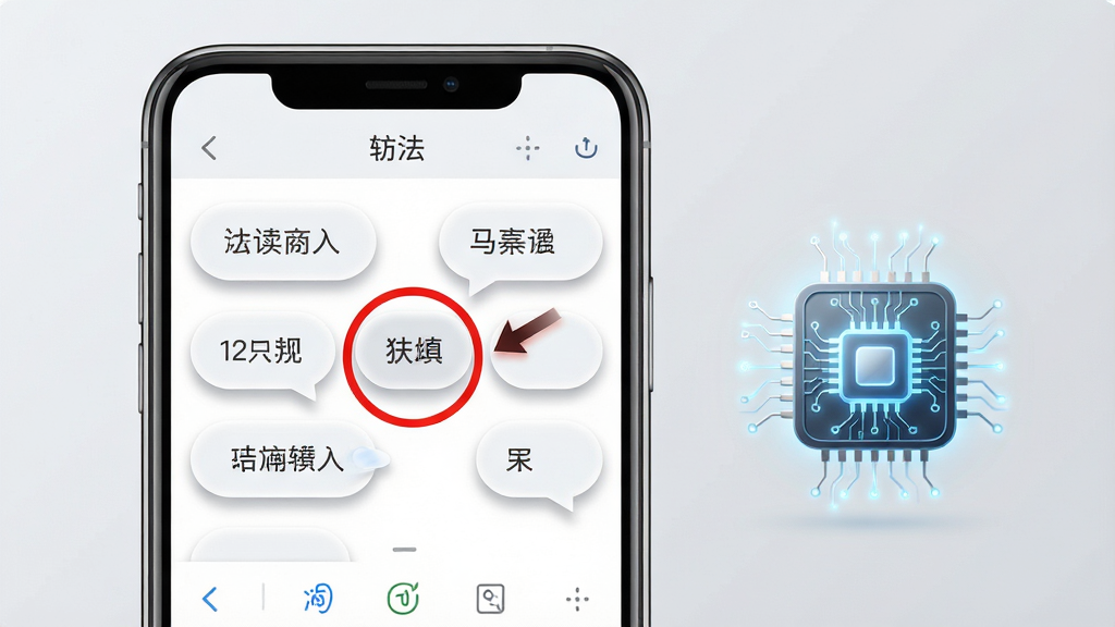 点读播报输入法智能联想与纠错功能展示,画面中一部手机屏幕显示输入法候选词栏,候选词以气泡形式排列,其中一个错误词汇被红色圆圈标注并带有纠正箭头,手机旁边有一个发光的智能芯片图标,背景为浅灰色,布局为居中构图,风格为现代科技简约风,细节包括候选词气泡有轻微阴影、芯片图标有电路纹理,画质高清,干净,无多余元素