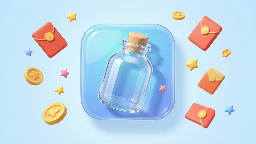 瓶瓶有喜软件主界面全景展示,主体为一个晶莹剔透的玻璃瓶造型APP图标悬浮在画面中央,布局采用居中对称构图,四周环绕红包、金币、小星星等趣味元素,排版简洁明快,风格为清新3D卡通渲染,细节上瓶身带有高光反射和柔和阴影,背景为淡蓝色渐变,画质高清,干净,无多余元素