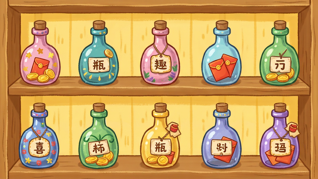 瓶瓶有喜趣味瓶瓶收集界面,主体为多个造型各异的彩色玻璃瓶整齐排列在木质展示架上,布局采用网格陈列式,排版错落有致,风格为温馨手绘卡通,细节上每个瓶身带有不同的花纹与标签,瓶内隐约可见金币和红包,背景为暖黄色调,画质高清,干净,无多余元素