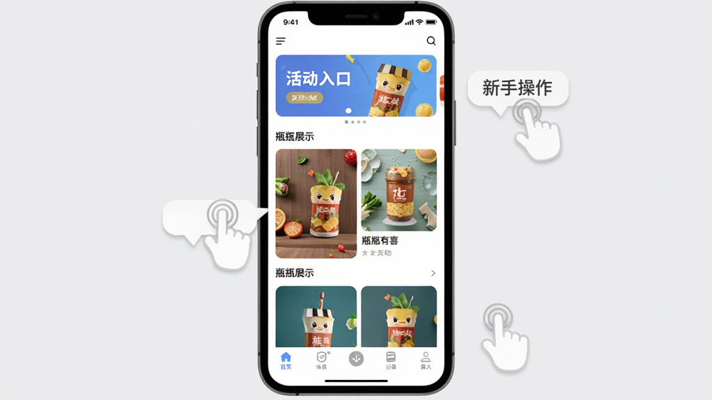 瓶瓶有喜新手操作引导界面,主体为手机屏幕显示软件首页布局,布局为顶部横幅活动入口、中部瓶瓶展示区、底部导航栏,排版清晰有序,风格为扁平化UI设计,细节上带有手指点击引导图标和气泡提示文字,背景为浅灰色,画质高清,干净,无多余元素