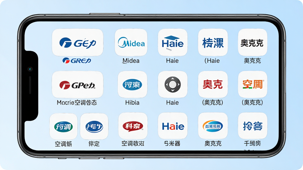 空调万能通用遥控器品牌选择界面,画面展示手机屏幕中排列整齐的空调品牌图标,包括格力、美的、海尔、奥克斯等,图标下方带有品牌名称文字,背景是淡蓝色渐变,布局采用网格排列,风格清新简约,细节清晰,画质高清,干净,无多余元素