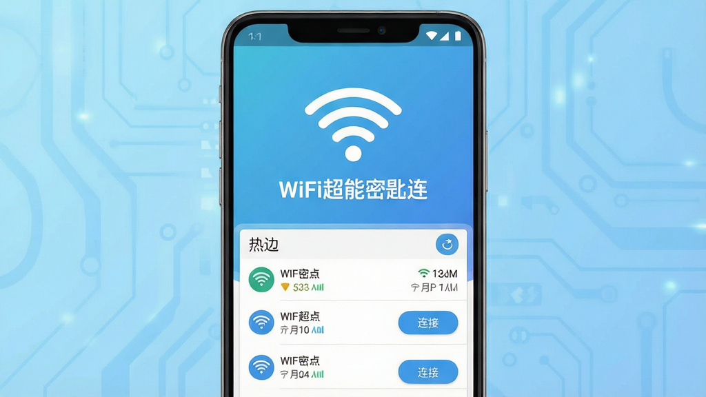 一张展示WiFi超能密匙连软件界面的手机预览图,画面中央是一部安卓手机,屏幕显示软件首页,上方有醒目的WiFi信号图标和“WiFi超能密匙连”文字,下方排列着周边热点列表和连接按钮,背景为浅蓝色科技感渐变,布局简洁清晰,风格现代扁平化,细节包括信号强度标识和刷新按钮,画质高清,干净无多余元素