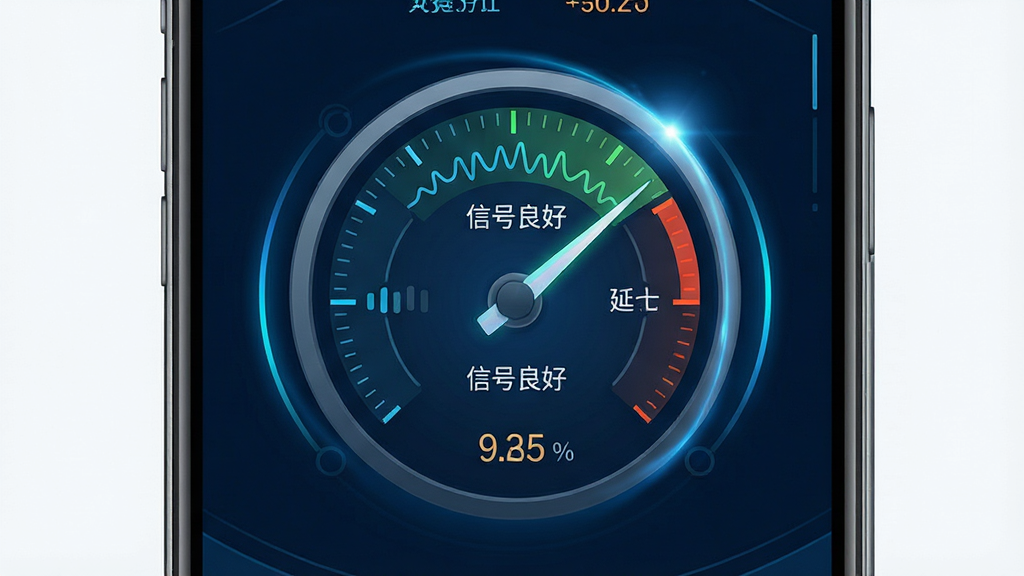 一幅展示WiFi超能密匙连网络状态检测功能的界面图,画面为手机屏幕特写,屏幕中央显示一个圆形仪表盘,指针指向“信号良好”区域,周围环绕着信号波形图与延迟数据,背景为深色科技蓝,布局对称工整,风格为数据可视化仪表风格,细节包括刻度线和动态光效,画质高清,干净无多余元素