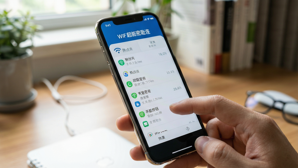 一幅展示WiFi超能密匙连在手机上运行流畅的画面,画面为手机正面手持视角,屏幕显示应用主界面,上方有“WiFi超能密匙连”标题,下方热点列表清晰,背景为室内书桌环境,布局自然,风格写实生活化,细节包括手指点击屏幕的动作和手机边框反光,画质高清,干净无多余元素