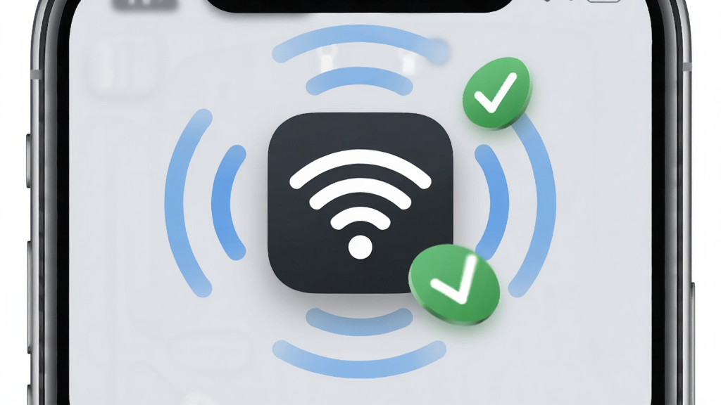 一幅展示WiFi超能密匙连应用图标与手机桌面的合成图,画面中央是应用图标,周围环绕着WiFi信号波纹与连接成功的对勾标识,背景为浅灰色手机桌面,布局居中对称,风格简洁图标展示风,细节包括图标阴影和圆角矩形边框,画质高清,干净无多余元素
