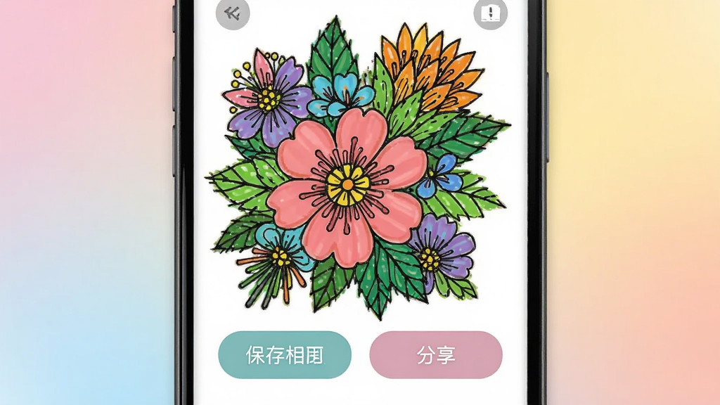 展示轻松涂涂色作品分享界面,手机屏幕中显示一幅已完成的多彩花卉涂色作品,下方有保存到相册和分享按钮,背景是柔和的渐变色调,风格温馨,画质清晰,无多余元素