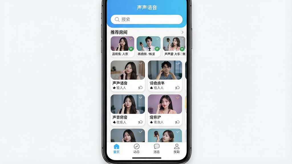 一张展示声声语音APP主界面的手机样机图,画面中央是一部竖屏智能手机,屏幕内显示“声声语音”应用首页,首页顶部有搜索栏和推荐房间列表,中部有多个语音房间卡片,卡片上有房间封面、房间名称和在线人数,底部有导航栏包含首页、动态、消息、我的四个图标,整体布局清晰,排版整齐,风格为现代简约移动应用UI风格,细节包括圆角卡片、柔和阴影、明亮配色,画质高清,画面干净,无多余元素
