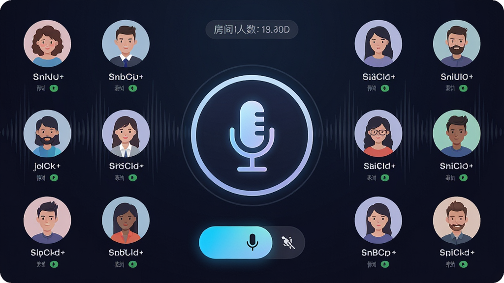 一幅展示声声语音多人语音房间界面的插画,画面主体是一个圆形麦克风图标位于中央,周围环绕着多个用户头像,头像下方显示用户昵称和麦位状态,背景是深色渐变风格,带有声波纹理装饰,画面布局对称,排版居中,风格为科技感社交应用插画,细节包括高亮麦克风按钮、静音图标、房间人数标签,画质高清,画面干净,无多余元素
