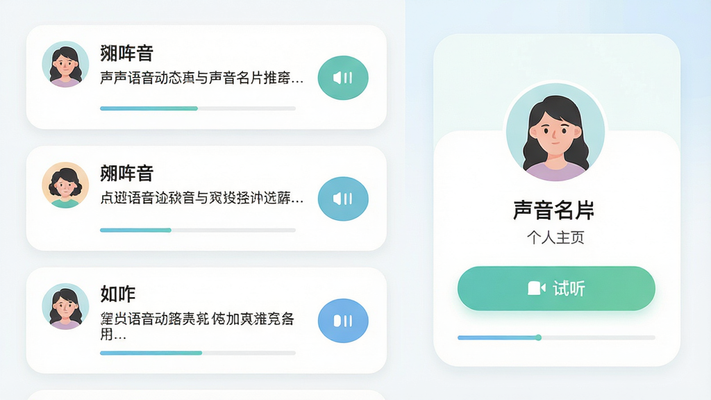 一幅展示声声语音动态广场与声音名片功能的界面示意图,画面左侧是动态信息流列表,每条动态包含用户头像、昵称、文字内容和语音播放按钮,画面右侧是个人主页卡片,展示声音名片和试听按钮,整体布局为左右分栏,排版清晰,风格为清新浅色移动应用UI风格,细节包括圆角卡片、柔和配色、播放进度条,画质高清,画面干净,无多余元素