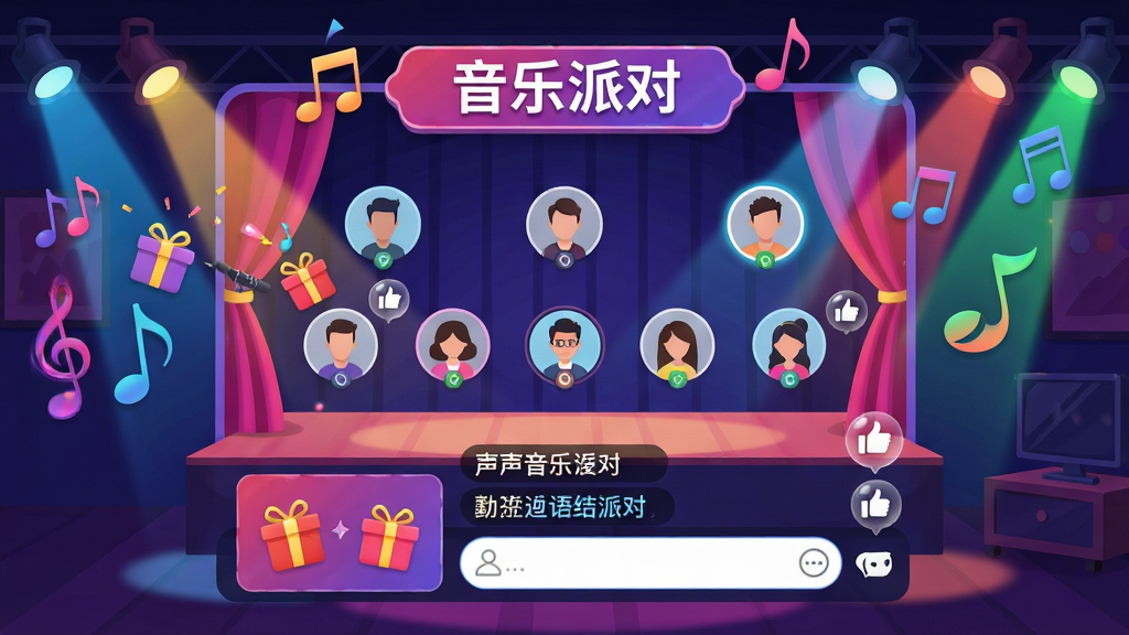 一幅展示声声语音主题派对房间互动场景的插画,画面中央是一个舞台风格的语音房间界面,上方显示房间主题“音乐派对”,中间有多个麦位和用户头像,下方有礼物面板和弹幕输入框,画面四周有彩色灯光和音符装饰,整体布局层次分明,排版活泼,风格为娱乐社交应用插画,细节包括礼物动画、点赞气泡、弹幕文字,画质高清,画面干净,无多余元素