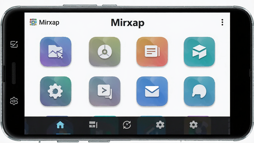 一张展示 Mirxap 软件主界面的高清图片,主体为一部安卓手机,屏幕中央显示 Mirxap 应用主界面,布局简洁,顶部有软件名称 Mirxap,中部为功能图标网格,底部为导航栏,风格现代科技感,细节包括圆角图标、渐变背景、清晰文字,画质清晰,干净,无多余元素