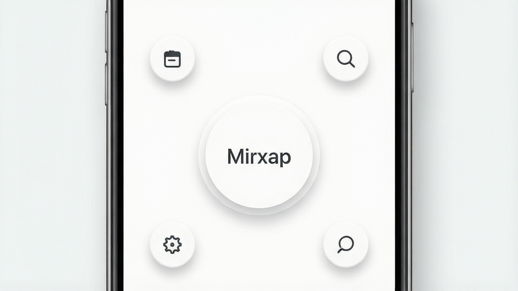 一张体现 Mirxap 极简交互设计的宣传图,主体为手机屏幕特写,布局为中央大按钮与四周小图标环绕,排版强调留白与对称,风格清新简约,细节包括柔和阴影、圆润边角、浅色背景,画质清晰,干净,无多余元素