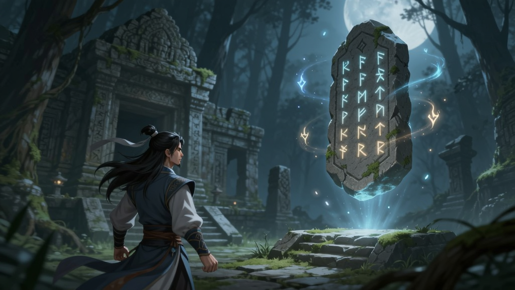画面描绘一位修仙者站在古老遗迹前,面前浮现出发光的符文石碑,背景是幽暗的森林与月光,布局采用引导线构图,排版上人物位于左下,石碑位于右上,风格为神秘探险插画,细节包括石碑上的文字、飘浮的灵光、地面的青苔,画质高清,干净,无多余元素。