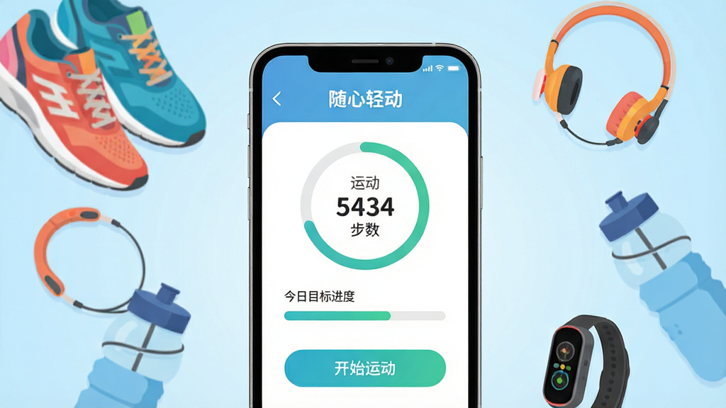 画面中央放置一部智能手机,手机屏幕显示“随心轻动”软件主界面,界面包含运动步数圆环、今日目标进度条和开始运动按钮,手机周围环绕运动鞋、耳机、水杯、计步手环等轻运动元素,背景为浅蓝色渐变,整体采用扁平化插画风格,色彩清爽干净,排版居中对称,细节清晰,画质高清,画面干净无多余元素