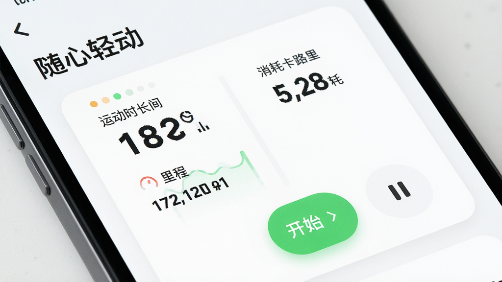 手机屏幕特写,画面中显示“随心轻动”运动记录页面,屏幕上有运动时长数字、里程数字、消耗卡路里数字,旁边配有一个绿色开始按钮和暂停按钮,背景为白色卡片式布局,风格简约清新,细节清晰,画质高清,画面干净无多余元素