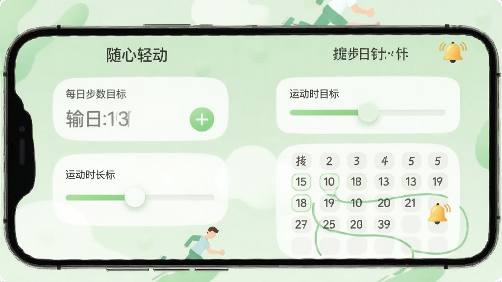手机界面展示“随心轻动”目标设置页,页面上有每日步数目标输入框、运动时长目标滑块、打卡日历小格子,旁边有一个小铃铛图标表示提醒,背景为浅绿色,整体风格柔和圆角,排版整齐,细节清楚,画质高清,画面干净无多余元素