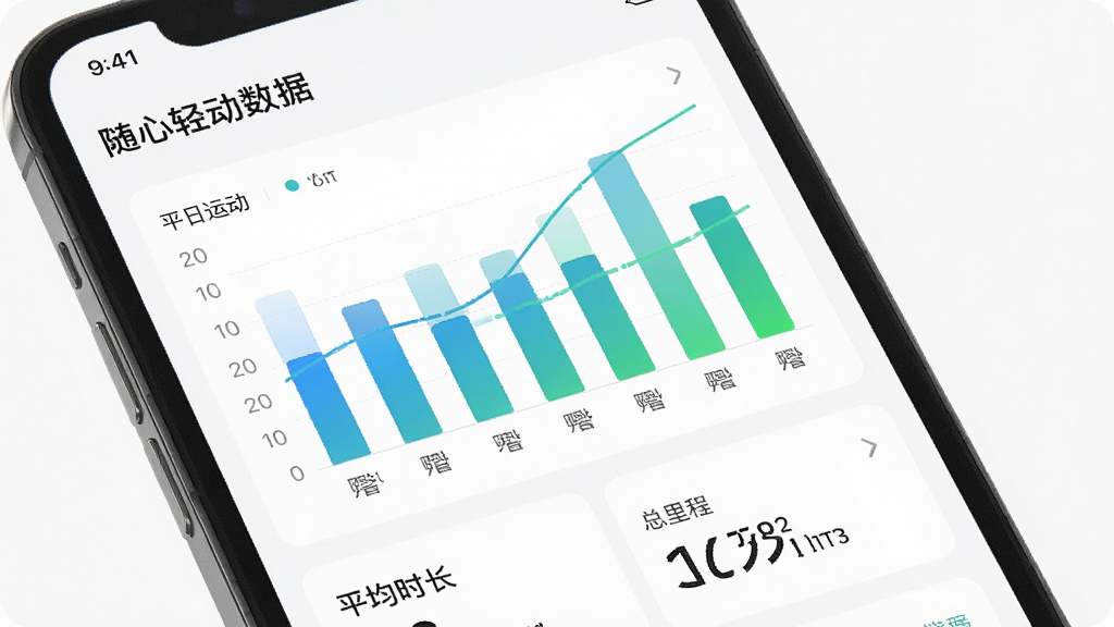 手机屏幕显示“随心轻动”数据统计页,页面上有七日运动柱状图、平均时长数字、总里程数字,柱状图颜色为蓝绿渐变,背景为白色,整体为极简数据面板风格,排版清晰,细节干净,画质高清,画面无多余元素