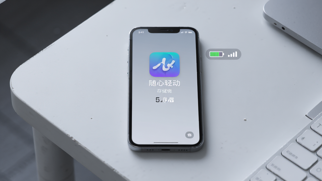手机放在桌面上,屏幕显示“随心轻动”软件图标和存储占用信息,旁边有电池图标和信号图标,背景为浅灰色桌面,整体风格简洁科技感,排版居中,细节清晰,画质高清,画面干净无多余元素