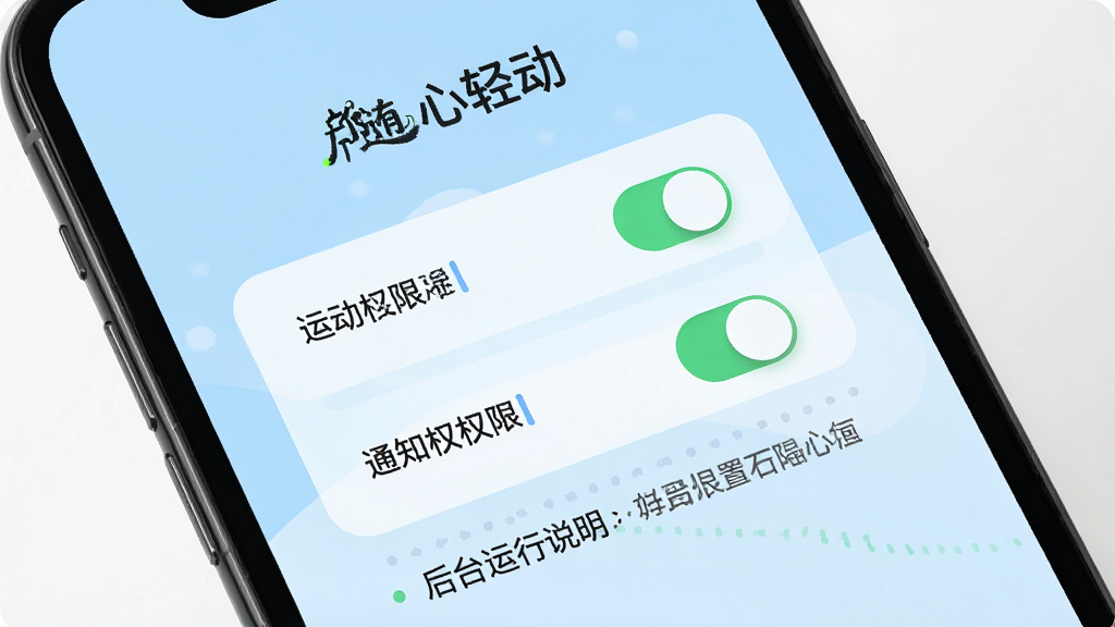 手机屏幕显示“随心轻动”权限设置引导页,页面上有运动权限开关、通知权限开关、后台运行说明文字,背景为浅蓝色,整体风格简洁友好,排版清晰,细节干净,画质高清,画面无多余元素