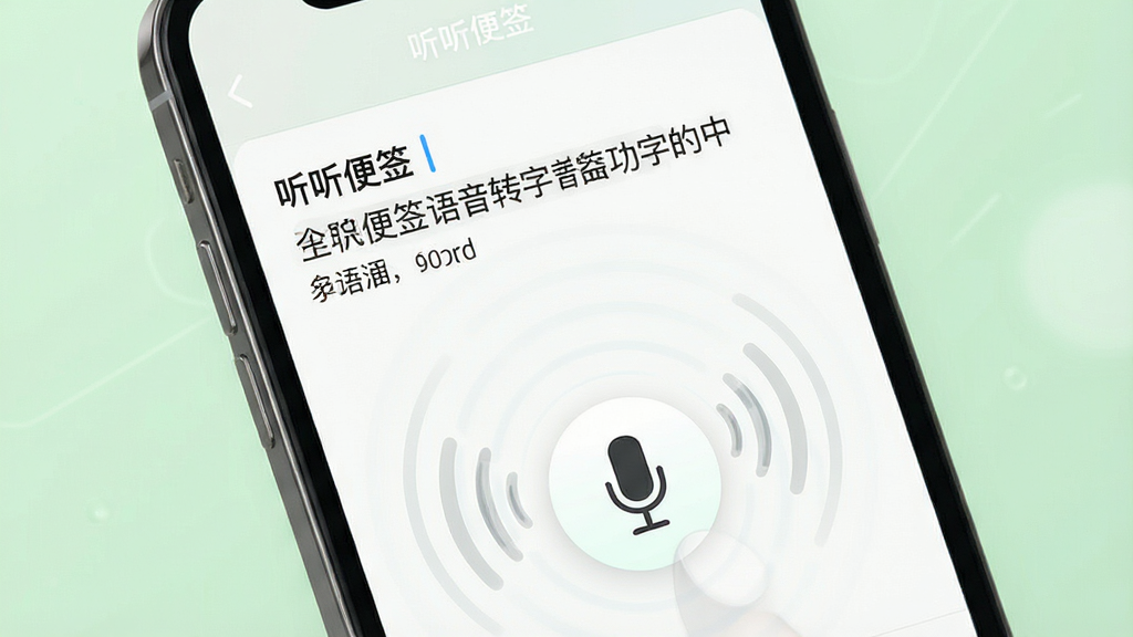 一张展示听听便签语音转文字功能的图片,画面中央是手机屏幕特写,屏幕上显示“听听便签”语音输入界面,一个醒目的麦克风按钮正在被按下,声波图标向四周扩散,屏幕上方实时显示转换出的文字便签内容,背景是柔和的浅绿色,风格科技简洁,细节清晰,画质干净,无多余元素