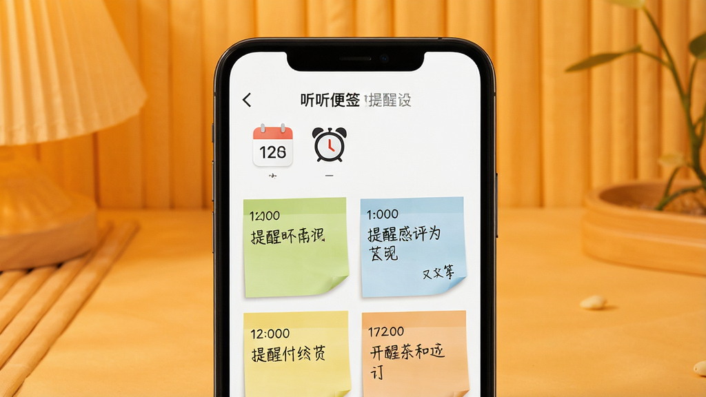 一张展示听听便签提醒功能的图片,画面中央是手机屏幕,屏幕上显示“听听便签”提醒设置界面,有日历图标和闹钟图标,多个彩色便签卡片上标注着不同时间的提醒事项,背景是温暖的橙黄色调,风格温馨实用,细节清晰,画质干净,无多余元素